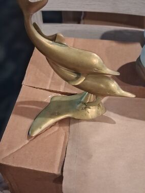 Brass Dolphin Pair Sculpture - Gold Coastal Accent